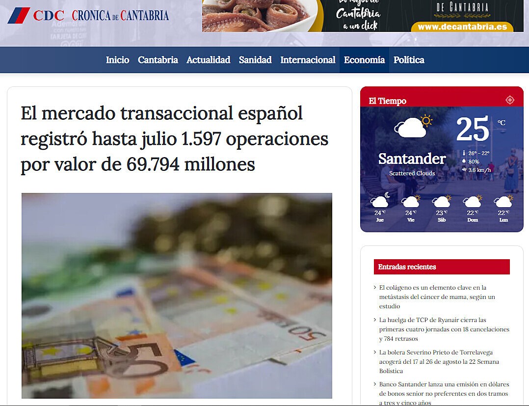 El mercado transaccional espaol registr hasta julio 1.597 operaciones por valor de 69.794 millones